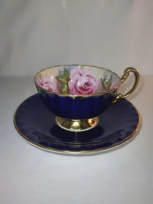 Buy Aynsley Cobalt Blue Teacup & Saucer Set,Oban Shape,four Pink Cabbage Roses Vgc • 200£