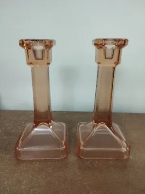 Buy Pair Of Vintage 1930s, Art Deco, Pink Or Peach Glass Candlesticks, 19cm Tall • 12.95£