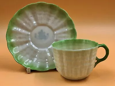 Buy Antique Belleek Porcelain Green Tridacna Cup & Saucer Duo. 2nd Mark C1891 - 1926 • 75£