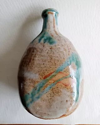Buy Unique Handmade Pottery Bottle Green Brown Stone Glaze Abstract Design. Signed • 15£