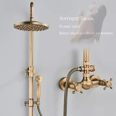 Buy Antique Brass Bathroom Exposed Shower Mixer Taps Twin Head Rain Shower Head Set • 107£
