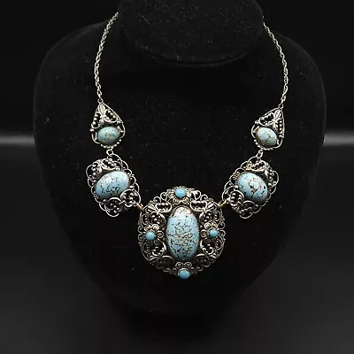 Buy Antique 1930s Art Deco Czech Glass Faux Turquoise Statement Necklace • 4.99£