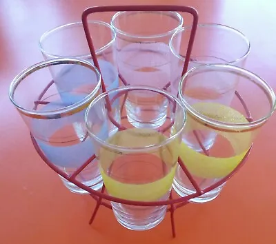 Buy Vintage Retro 1950-60s Sugar Frosted Tumbler Drinking Glasses Wire Stand Kitsch • 27.50£