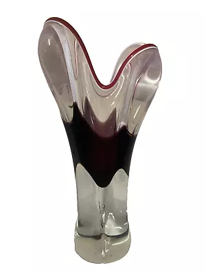 Buy VTG CZECH  BOHEMIAN HEAVY GLASS VASE-70's - CLEAR/PURPLE+WHITE EDGE-FREE POSTAGE • 29.95£