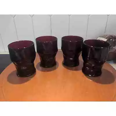 Buy Ruby Red Honeycomb Glassware Set, Set Of Four 8 Oz. Glasses, Vintage Barware • 15.37£
