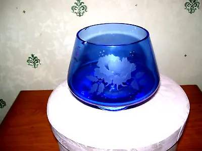 Buy Caithness Beautiful Blue Glass Pedistal Bowl With Rose Edtched On It • 6£