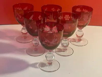 Buy Cranberry/Ruby Red Small Wine Glasses, Set Of 6, With Floral, Vintage • 22.99£