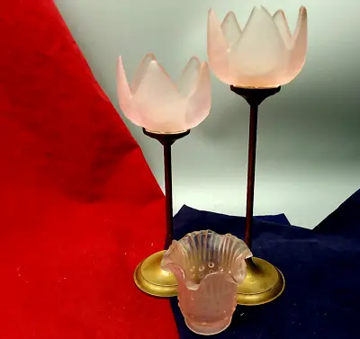 Buy Vintage Candle Holders Pink Frosten Glass Tulip Shape Candlstick Brass Stem • 22£