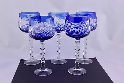 Buy Set Of 5 Ajka Bohemian Crystal Cut To Clear Cobalt Blue 7-5/8  Wine Hocks - Mint • 237.18£