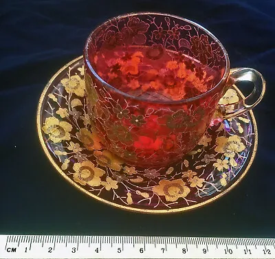 Buy *RARE Antique MOSER Cup + Saucer Gilt Gold Enamelled Decorated Cranberry Glass • 80£