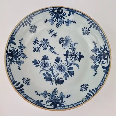 Buy Antique 18th Century Delft Blue And White Dish Bowl Decorated With Flowers • 149£