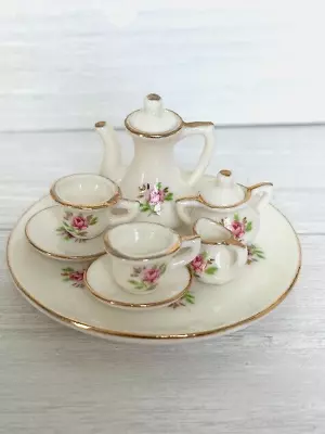 Buy Vintage 10 Piece Fine Porcelain Miniature Tea Set W/Tray Floral Rose & Gold Trim • 13.20£