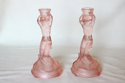 Buy Pair Of Art Deco Frosted Pink Glass 'Nymphen' Candlesticks By Walther • 75.99£