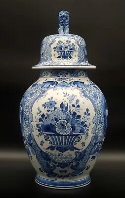 Buy NEAR PERFECT Porceleyne Fles/Royal Delft XL Ginger Jar Vase W. Flowerbasket 1894 • 723.05£
