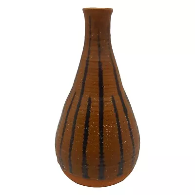 Buy Handmade Signed Pottery Boho Vase - 10  Tall Vtg Brown Black Drip Glaze Stripe • 36.10£