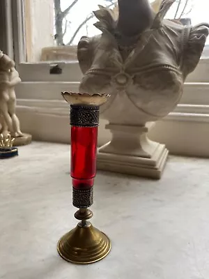 Buy Vintage Fluted Candle Stick Red Glass & Decorative Bands  • 15£