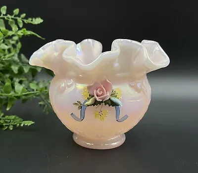 Buy Fenton ROSE CORSAGE Glass VASE Porcelain Rose Hand Painted Ruffled 1989 • 37.94£