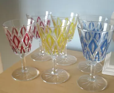 Buy UNUSED 6 X COLOURED CUT TO CLEAR GLASS  4 1/2  WINE GLASSES  2 Red/ Blue /Yellow • 8£