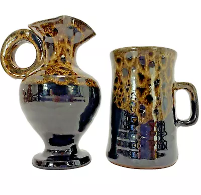 Buy VTG 8oz Jug & 10oz Mug Tableware Clay Pottery Dark Brown Treacle Honeycomb Glaze • 24.99£