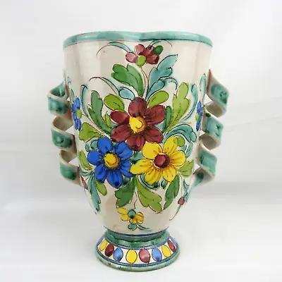 Buy Vintage Italian Pottery Floral Vase Hand Painted Coil Handles C. 1950's • 29.99£