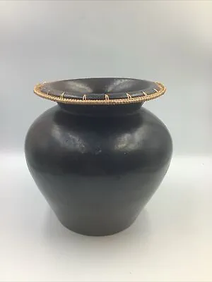 Buy Vintage Clay Pottery Vase Wicker Rattan Top 8” Tall Black Indonesian African Pot • 14£