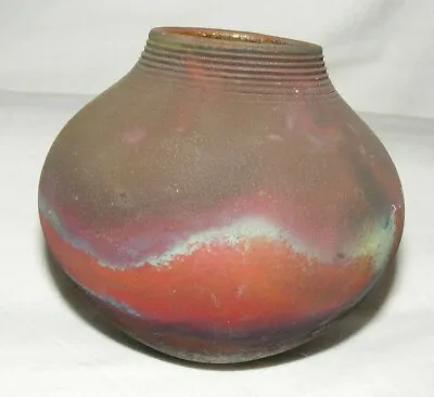 Buy Studio Pottery Simon Rich Wood Fired Raku Pot / Vase Gorgeous Flame Colours  • 69.99£