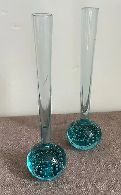 Buy Pair Of Vintage Mid Century Blue Glass Bud Vases • 18£