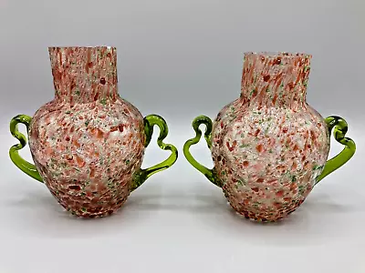 Buy Pair Of Antique Bohemian Multicoloured Textured Spatter Glass Green Handle Vases • 59.99£