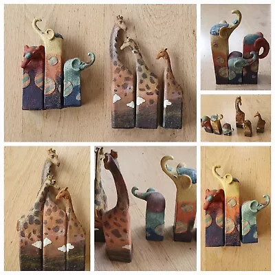 Buy 2 Pairs Pottery Elephant Giraffe Family Trio Ornaments Brightly Painted Stylish • 10£