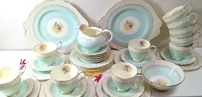 Buy Rare 34 Pcs Vintage Paragon Polka Dot Floral, Teal Blue Pocelain Tea Set - 1939 • 324£