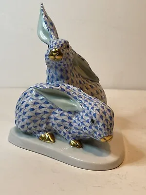 Buy Herend Large Vintage Pair Of Rabbits 5332 Blue Fishnet On White Base. Perfect • 315£