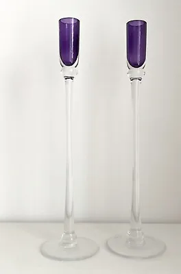 Buy Pair Of Art Glass Long Stemmed Candle Holders Purple 13 Inches Free Postage • 49£
