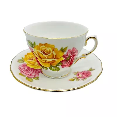 Buy Royal Vale Tea Cup & Saucer Pink Yellow Roses Gold Trim Vintage Footed Scalloped • 17.25£