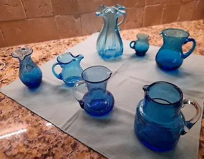 Buy Unique Mixed Lot Of 7  Blue Glass Pitchers Includes 3 Blenko Crackled Style • 56.89£