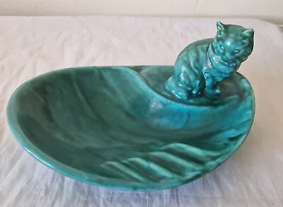 Buy Vintage Anglia Art Studio Pottery Turquoise Cat Ashtray Green • 19.99£