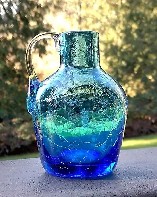 Buy Vintage Pilgrim Crackle Glass Jug #755, Blue, 3-3/4” Tall • 7.52£