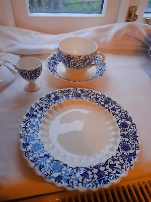 Buy Set 4 Coalport Vintage Antique  Grosvenor  Blue And White China Plate Cup Egg • 10£