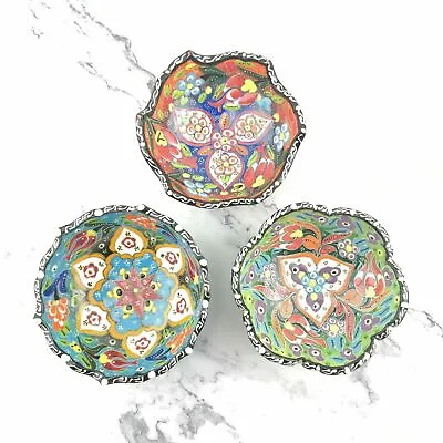 Buy Hand Painted Ceramic Bowl(12 Cm) Set - 3 Pieces Handmade Turkish Pottery • 19.99£