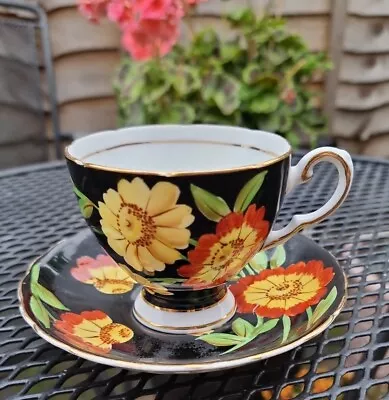 Buy Rare Tuscan Bone China Cup & Saucer Hand Painted Black With Red & Yellow Daisies • 20£