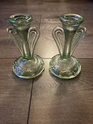 Buy Bagley Glass Rutland Green Glass Candlestick Holders Art Deco 1930s Vintage • 13£