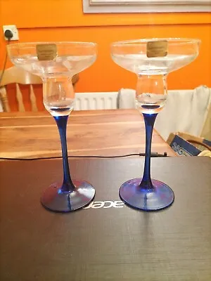 Buy Two Beautiful Glass Luminarc Candle Holder Made France STAMPED COBALT BLUE STEMS • 14£