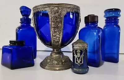 Buy Vintage Assorted Unique Cobalt Blue W/Silver Glassware 6pc Lot • 47.47£