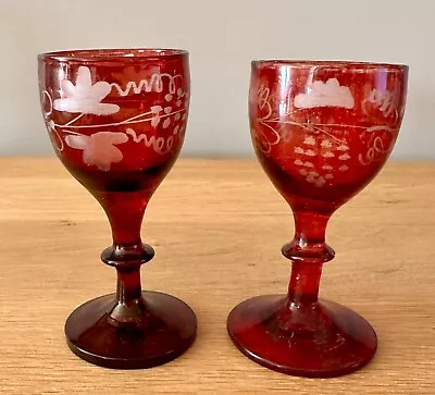 Buy Good Pair Of Small Antique Hand Blown Bohemian Ruby Red Wine Glasses • 0.99£