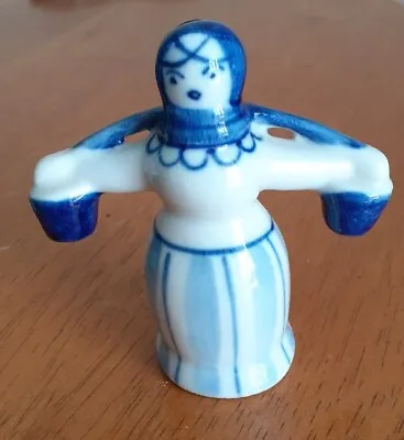 Buy Vintage USSR Gzhel Ceramic Folk Art Figure Woman Hand Painted Blue & White • 3.90£