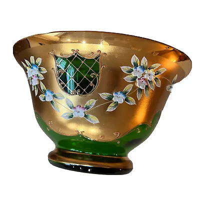 Buy Vintage Bohemian Glass Emerald Green Gold And Enamel Fruit Bowl Czechoslovakia • 247.48£