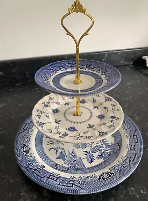 Buy Large Mismatched Blue & White Willow 3 Tier Graduated Cake Stand   • 2.99£