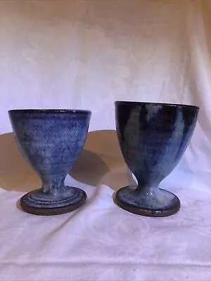Buy Two Handsome Blue Glazed Studio Pottery Goblets Cups Beakers • 3£