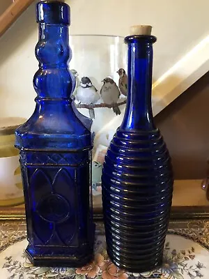 Buy Two Decorative Blue Glass Bottles, One Round 9inch, One Square 10 Inch, • 14£