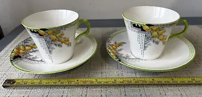 Buy Two Vintage Melba Bone China Green Yellow Black Floral Cups And Saucers • 18£