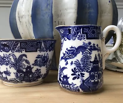 Buy Royal Worcester Willow Pattern  Blue Sugar Bowl & Creamer Set B389 Antique • 19.95£
